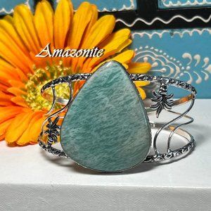 Amazonite Cuff Bangle Bracelet Handmade Gemstone Crystal 925 Silver Large New!